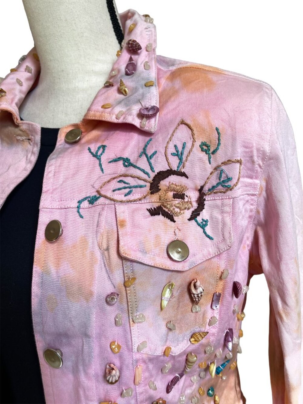 ANTICA Italy Pink Denim Trucker Jacket Seashell Crochet Coastal Boho XS - Picture 6 of 13
